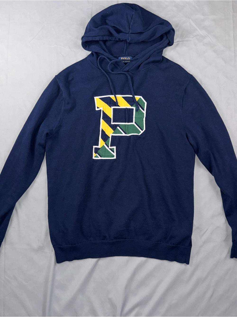 Polo Ralph Lauren Sweater Mens Medium Blue Hooded P Graphic Cotton Knit Pullover